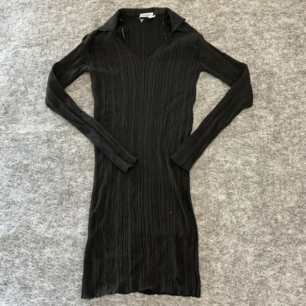 WeekDay Black Collared Ribbed Midi Body Con Sweater Dress A7